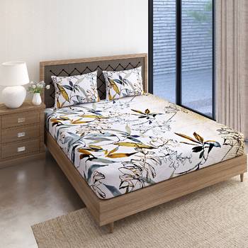 Swayam 144 TC Pure Cotton White and Olive Floral Printed Bed Sheet With 2 Matching Pillow Covers 2