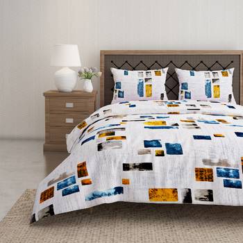 Swayam 144 TC Pure Cotton White and Blue Geometric Printed Bed Sheet With 2 Matching Pillow Covers 1
