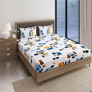 Swayam 144 TC Pure Cotton White and Blue Geometric Printed Bed Sheet With 2 Matching Pillow Covers 2