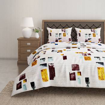 Swayam 144 TC Pure Cotton White and Yellow Geometric Printed Bed Sheet With 2 Matching Pillow Covers 1