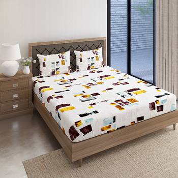 Swayam 144 TC Pure Cotton White and Yellow Geometric Printed Bed Sheet With 2 Matching Pillow Covers 2