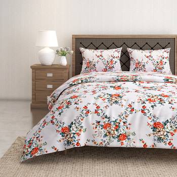 Swayam 144 TC Pure Cotton White and Orange Floral Printed Bed Sheet With 2 Matching Pillow Covers 1