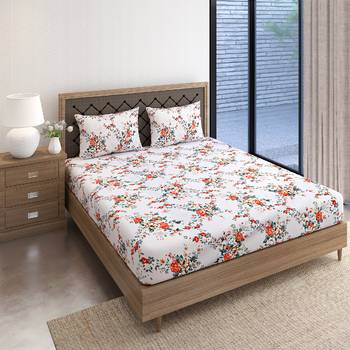 Swayam 144 TC Pure Cotton White and Orange Floral Printed Bed Sheet With 2 Matching Pillow Covers 2