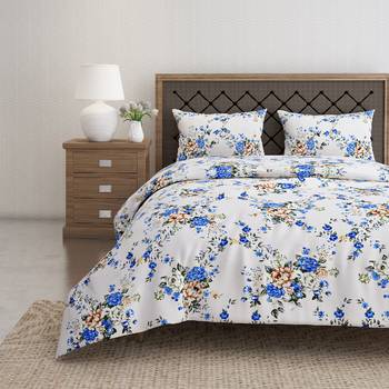 Swayam 144 TC Pure Cotton White and Blue Floral Printed Bed Sheet With 2 Matching Pillow Covers 1