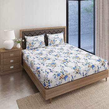 Swayam 144 TC Pure Cotton White and Blue Floral Printed Bed Sheet With 2 Matching Pillow Covers 2