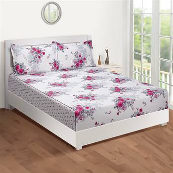 Swayam 144 TC Pure Cotton White and Rose Pink Floral Printed Bed Sheet With 2 Matching Pillow Covers 2