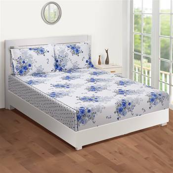 Swayam 144 TC Pure Cotton White and Coblat Blue Floral Printed Bed Sheet With 2 Matching Pillow Covers 2