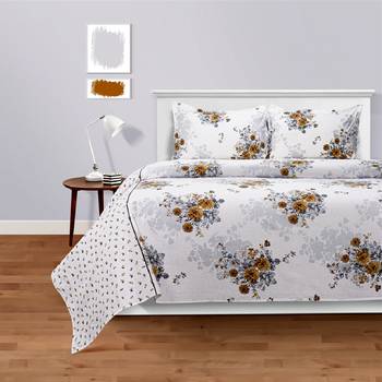 Swayam 144 TC Pure Cotton White and Ochre Floral Printed Bed Sheet With 2 Matching Pillow Covers 1