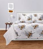 Swayam 144 TC Pure Cotton White and Ochre Floral Printed Bed Sheet With 2 Matching Pillow Covers