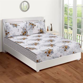 Swayam 144 TC Pure Cotton White and Ochre Floral Printed Bed Sheet With 2 Matching Pillow Covers 2