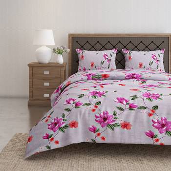 Swayam 144 TC Pure Cotton Grey and Purple Floral Printed Bed Sheet With 2 Matching Pillow Covers 1