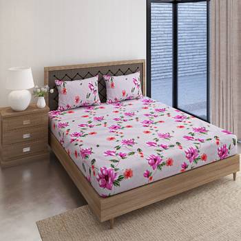 Swayam 144 TC Pure Cotton Grey and Purple Floral Printed Bed Sheet With 2 Matching Pillow Covers 2