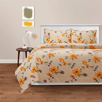 Swayam 144 TC Pure Cotton Beige And Yellow Floral Printed Bed Sheet With 2 Matching Pillow Covers 1