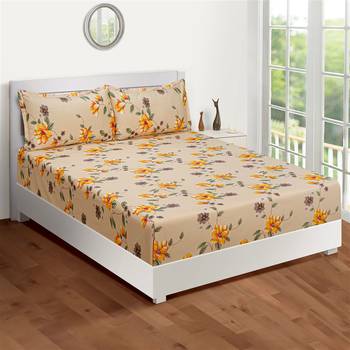 Swayam 144 TC Pure Cotton Beige And Yellow Floral Printed Bed Sheet With 2 Matching Pillow Covers 2
