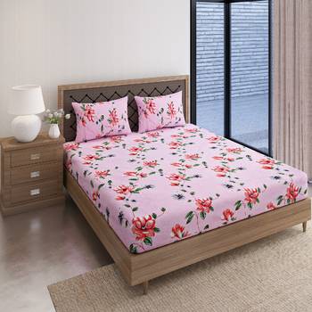 Swayam 144 TC Pure Cotton Pink and Red Floral Printed Bed Sheet With 2 Matching Pillow Covers 2