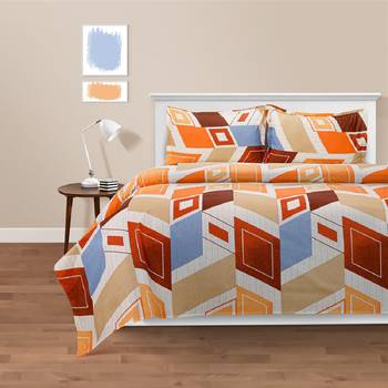 Swayam 144 TC Pure Cotton Beige and Orange Geometric Printed Bed Sheet With 2 Matching Pillow Covers 1