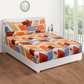 Swayam 144 TC Pure Cotton Beige and Orange Geometric Printed Bed Sheet With 2 Matching Pillow Covers 2