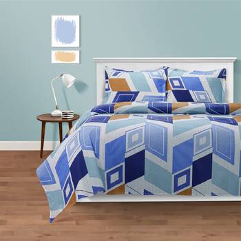 Swayam 144 TC Pure Cotton Blue and Brown Geometric Printed Bed Sheet With 2 Matching Pillow Covers 1