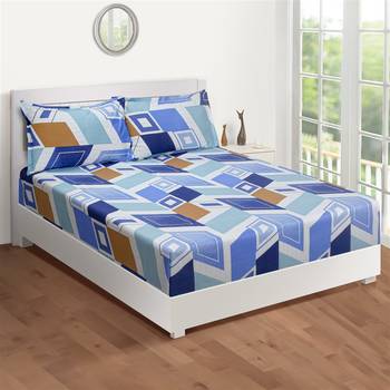 Swayam 144 TC Pure Cotton Blue and Brown Geometric Printed Bed Sheet With 2 Matching Pillow Covers 2