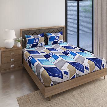 Swayam 144 TC Pure Cotton Blue and Grey Geometric Printed Bed Sheet With 2 Matching Pillow Covers 2