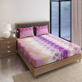 Swayam 144 TC Pure Cotton Purple and White Geometric Printed Bed Sheet With 2 Matching Pillow Covers 2