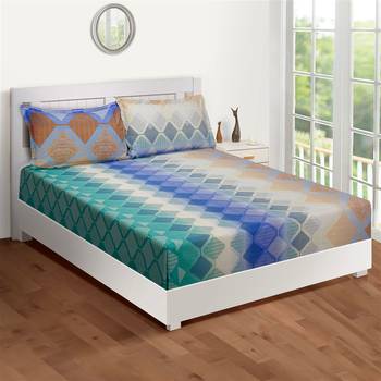 Swayam 144 TC Pure Cotton Blue and Green Geometric Printed Bed Sheet With 2 Matching Pillow Covers 2