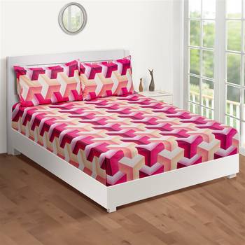 Swayam 144 TC Pure Cotton Pink and White Geometric Printed Bed Sheet With 2 Matching Pillow Covers 2