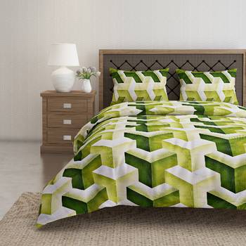 Swayam 144 TC Pure Cotton Green and White Geometric Printed Bed Sheet With 2 Matching Pillow Covers 1
