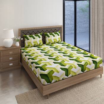 Swayam 144 TC Pure Cotton Green and White Geometric Printed Bed Sheet With 2 Matching Pillow Covers 2