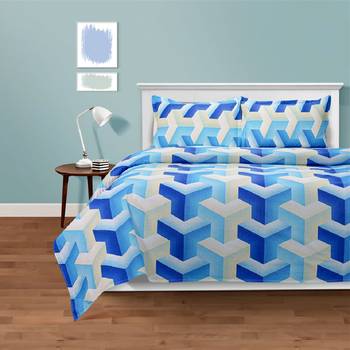 Swayam 144 TC Pure Cotton Blue and White Geometric Printed Bed Sheet With 2 Matching Pillow Covers 1