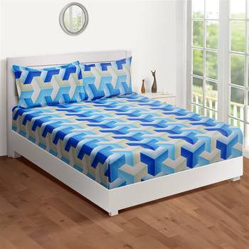 Swayam 144 TC Pure Cotton Blue and White Geometric Printed Bed Sheet With 2 Matching Pillow Covers 2