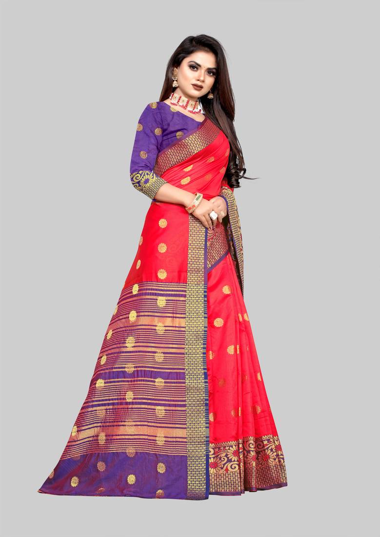 Red woven banarasi saree with blouse