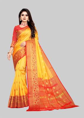 yellow woven banarasi saree with blouse 1