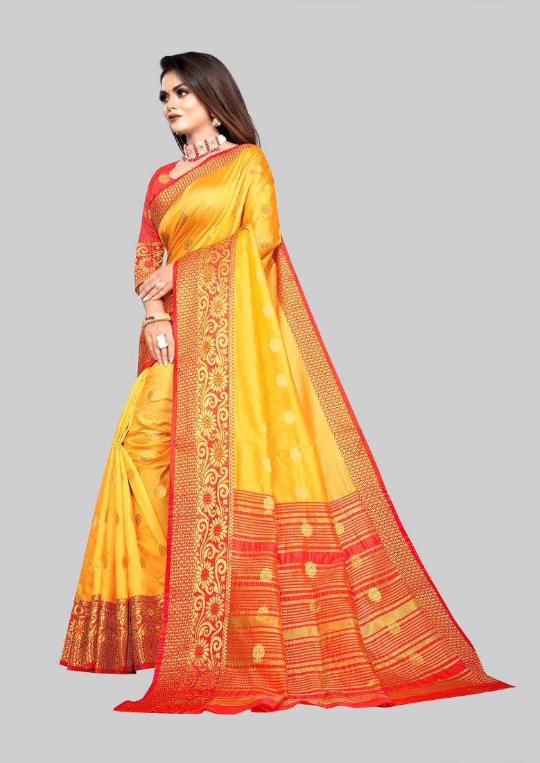 yellow woven banarasi saree with blouse