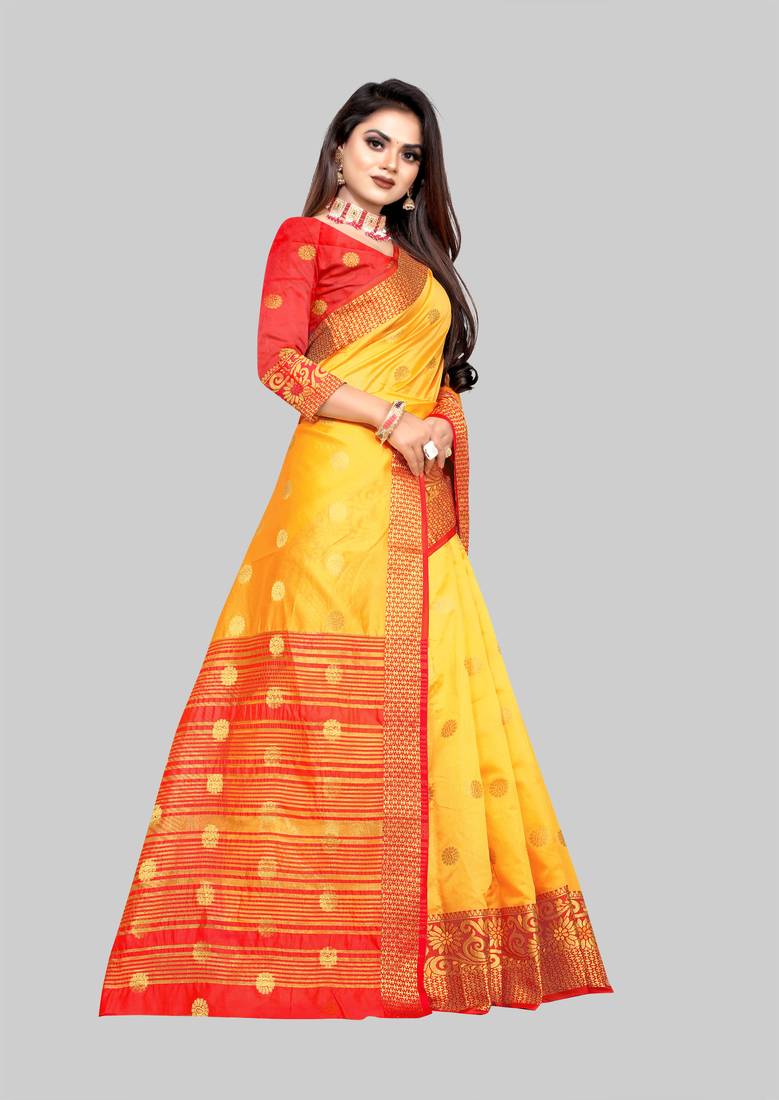 yellow woven banarasi saree with blouse