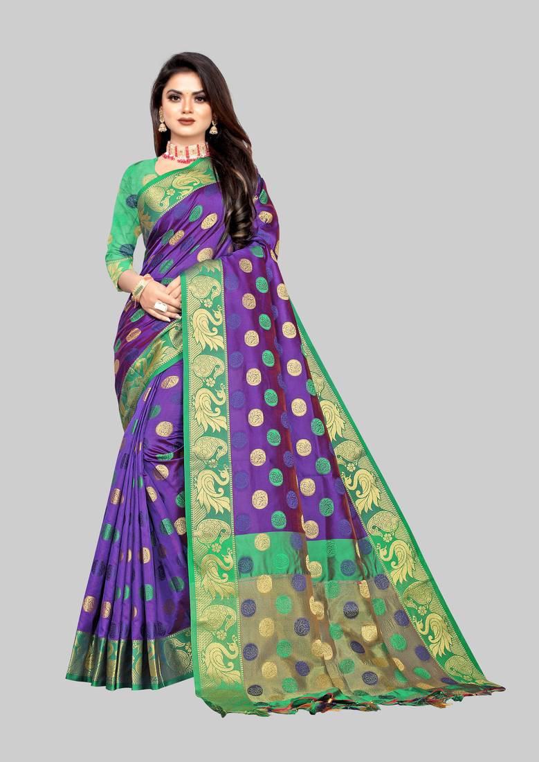 Vatudi Fashion Woven Banarasi Jacquard Purple color Lichi Cotton Silk Saree