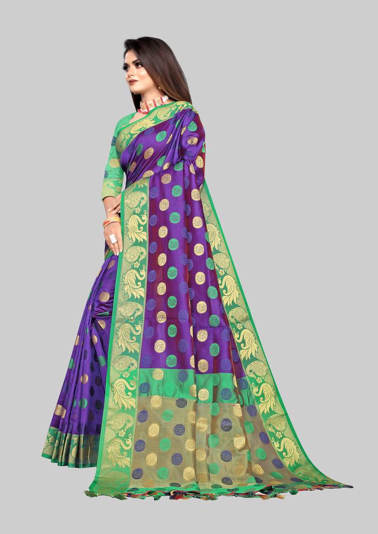 Vatudi Fashion Woven Banarasi Jacquard Purple color Lichi Cotton Silk Saree
