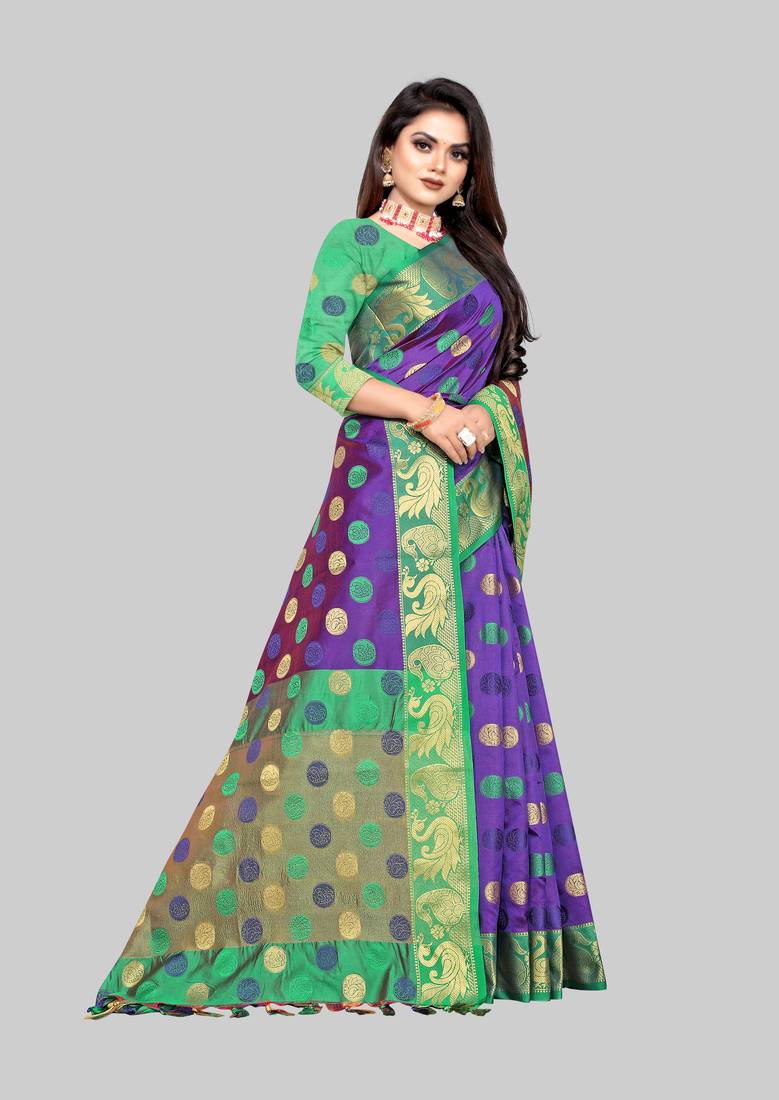 Vatudi Fashion Woven Banarasi Jacquard Purple color Lichi Cotton Silk Saree