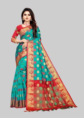 Turquoise woven banarasi saree with blouse 1