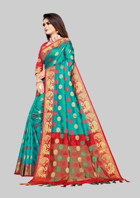 Turquoise woven banarasi saree with blouse 2