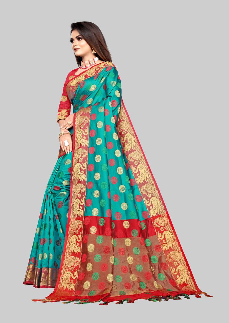 Turquoise woven banarasi saree with blouse