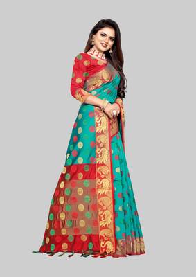 Turquoise woven banarasi saree with blouse 3