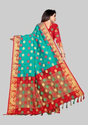 Turquoise woven banarasi saree with blouse 5