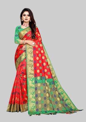 Vatudi Fashion Woven Banarasi Jacquard Red color Lichi Cotton Silk Saree 1