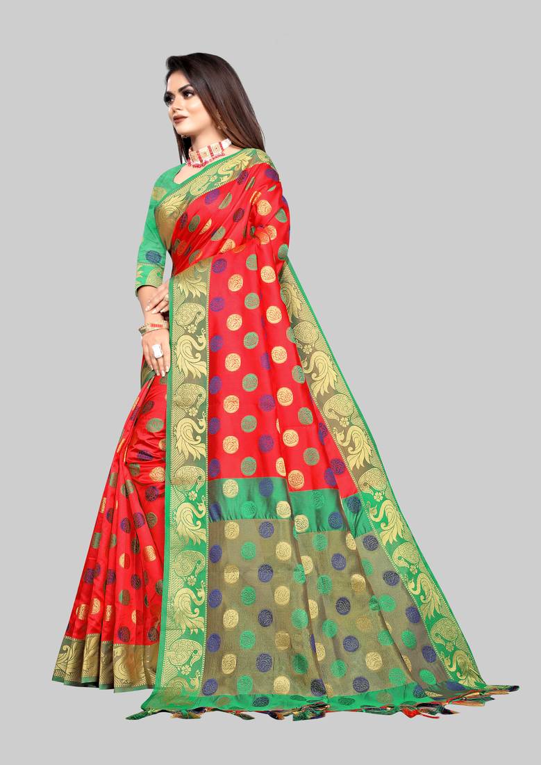 Vatudi Fashion Woven Banarasi Jacquard Red color Lichi Cotton Silk Saree