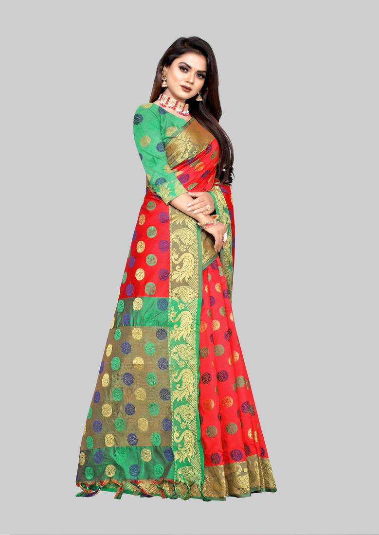 Vatudi Fashion Woven Banarasi Jacquard Red color Lichi Cotton Silk Saree