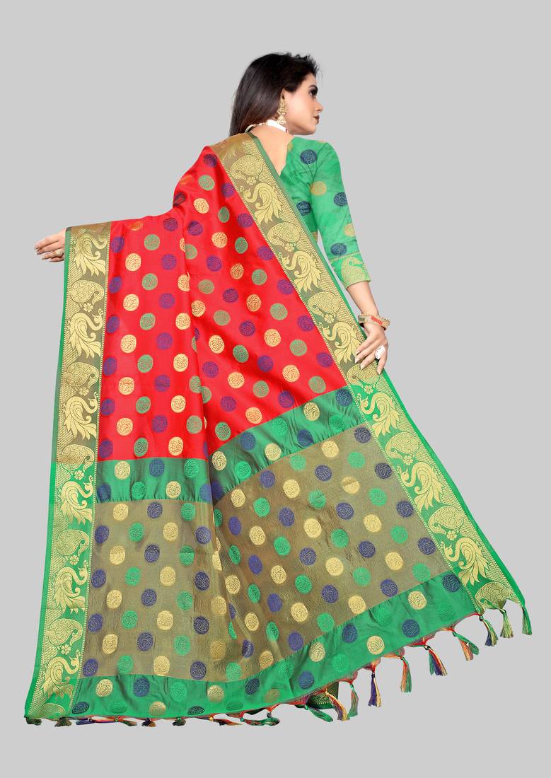 Vatudi Fashion Woven Banarasi Jacquard Red color Lichi Cotton Silk Saree