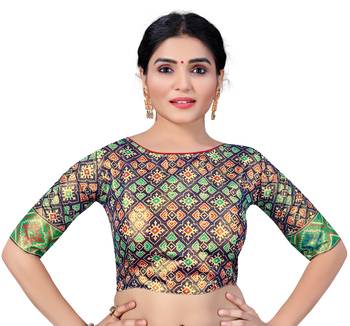 Navyblue Color Bandhani Print Silk Womens Readymade Saree Blouse 1