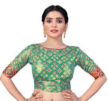 Green Color Bandhani Print Silk Womens Readymade Saree Blouse 1