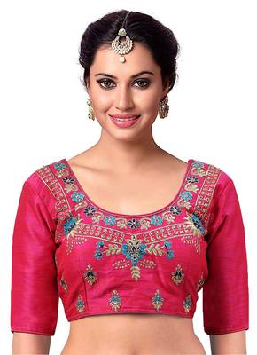 Womens Pink Embroidered Work Cotton Silk Readymade Saree Blouse 1